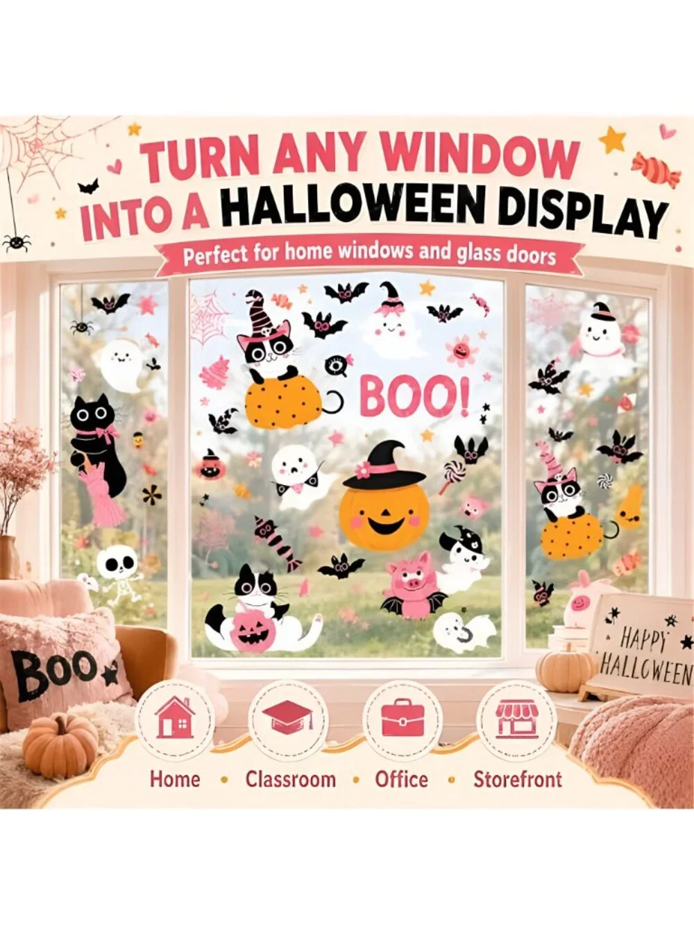 Pink Halloween Window Clings, Reusable Cute Cat Ghost, 8 Sheets